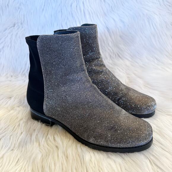 Stuart Weitzman 5050 Glitter Ankle Boot Flat Sparkle Pyrite Nocturn Silver Black - Picture 1 of 8